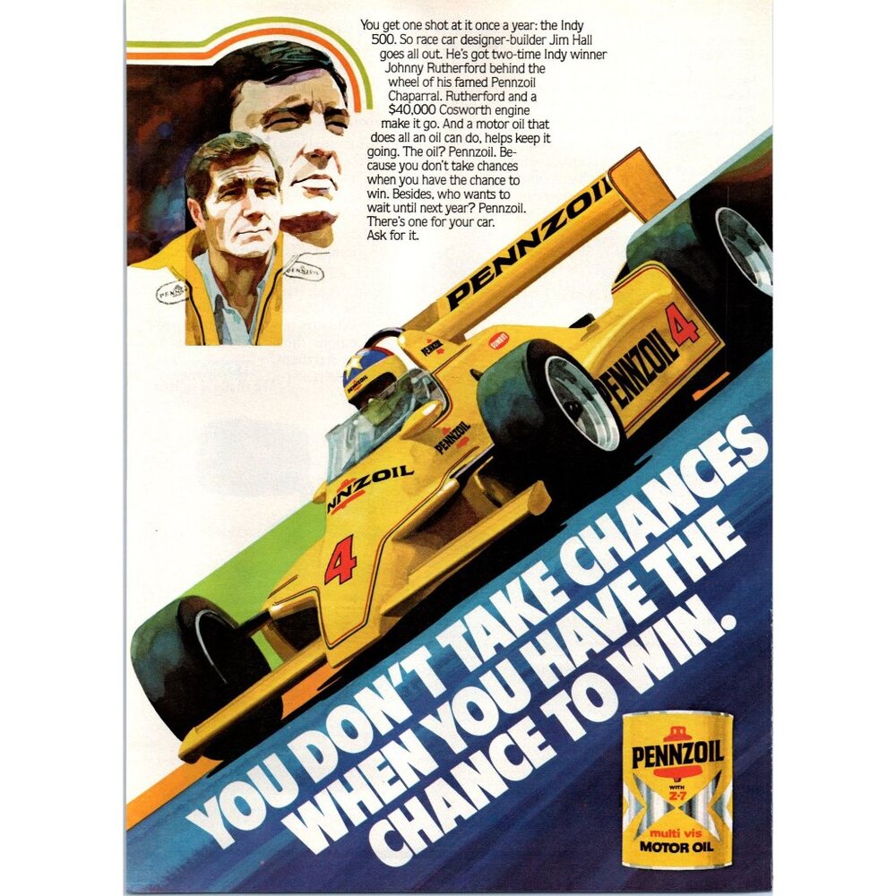 1980 Pennzoil Multi Vis Motor Oil Vintage Print Ad Indy 500 Race Car Wall Art